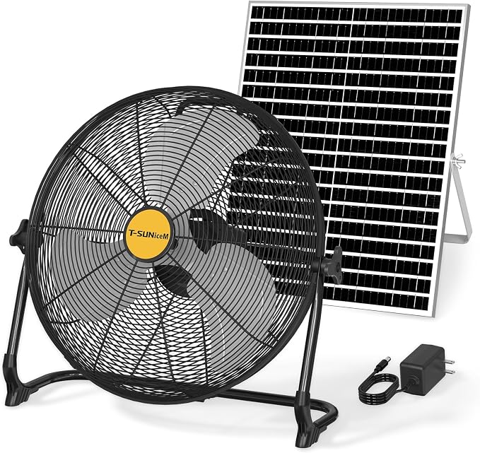 T-SUNiceM 16" Portable Battery Operated Solar Fan for Outdoor Indoor | 15600mAh Rechargeable Battery,25W Motor with Aluminum Blades,3.5H Fast Charging,360° Tilt Design,USB Type-C Output