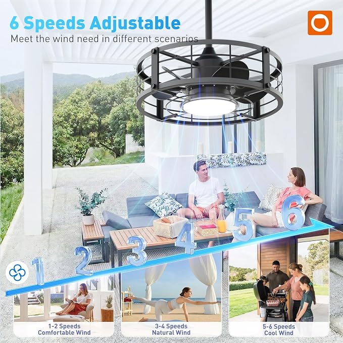 addlon 20 Inch Outdoor Ceiling Fans with Lights, IP65 Waterproof Plug in Caged Hanging Fan for Gazebo, Remote Control, 3 CCT, 6 Speeds Reversible Outdoor Fan for Patio, Pergola, Porch