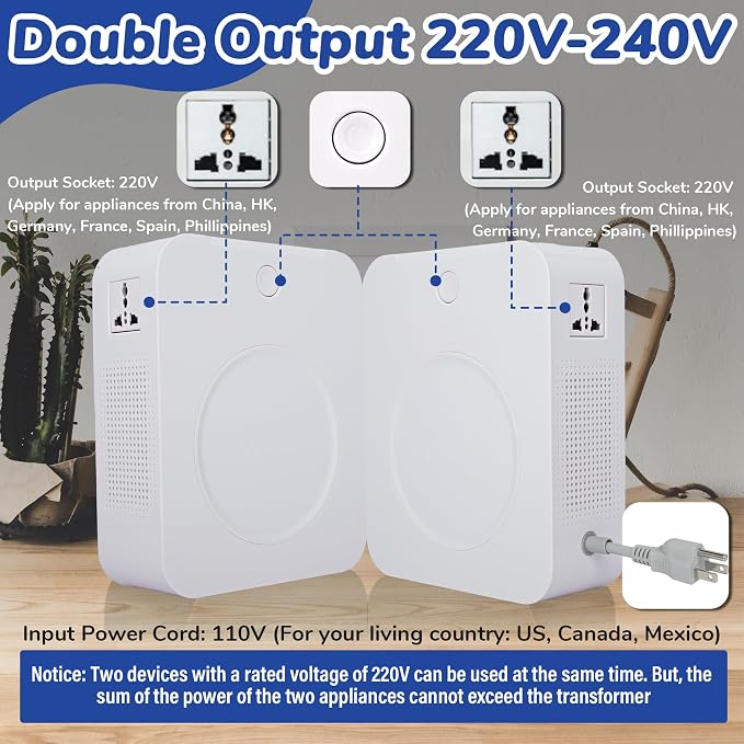 2000W Step Up Voltage Converter 110v to 220v, Heavy Duty Voltage Transformer with 2 Output Sockets, Work with Asia Europe Appliances Used in US (White)