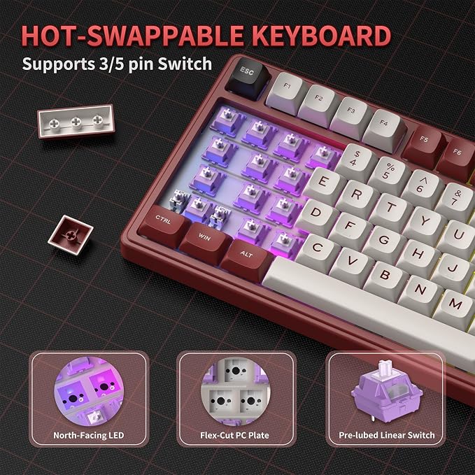 RK ROYAL KLUDGE R75 Mechanical Keyboard Wired with Volume Knob, 75% Keyboard Gasket Mounted, RGB Backlit, Creamy Keyboard with MDA Profile, PBT Keycaps, Hot Swappable Pre-lubed Linear Switch