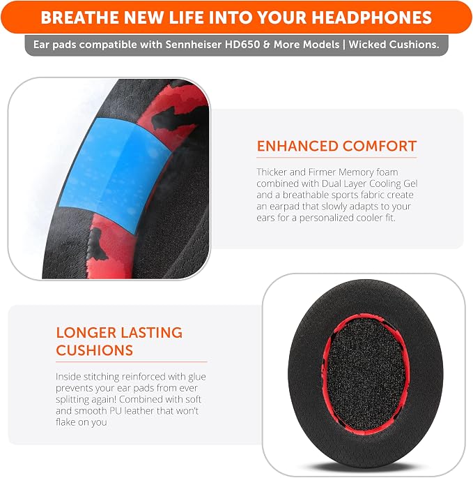WC Freeze HD6XX - Cooling Gel Earpads for Sennheiser HD6XX, HD58X, HD600, HD650, HD660S, HD660S2, HD580, HD565 & More, Made by Wicked Cushions | Extra Comfortable and Cool | Red Camo