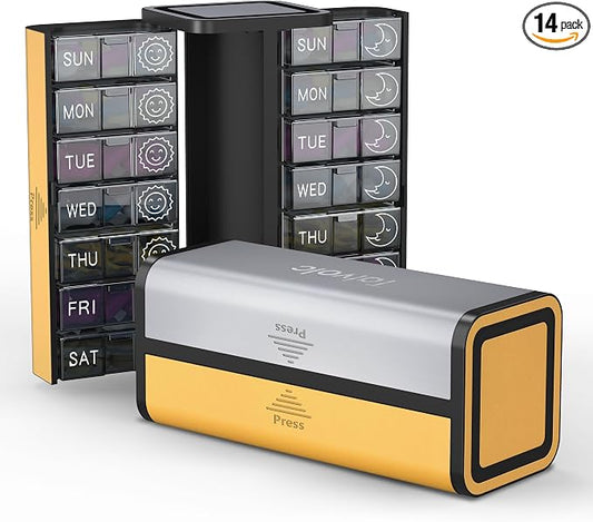 Pill Organizer 7 Day AM PM, Discreet 2 Times a Day Weekly Pill Box with Double Protection Shell, Large Capacity Portable Vitamin Case for Travel Meds & Medicine Organizer (Silver and Yellow)