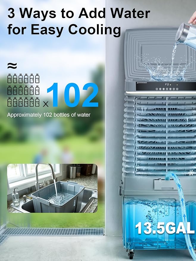 Uthfy 4000CFM Swamp Cooler for Large Room, 41” Evaporative Air Cooler with 13.5Gal Detachable Water Tank, 12H Timer, Ambient Light, 120° Oscillation, Indoor & Outdoor Air Conditioner for Patio, Garage