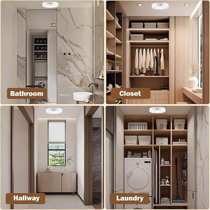 LIT-PaTH Battery Operated Ceiling Light, 3000K 6.1inch Motion Sensor LED Ceiling Light,140 Lumens Flush Mount Wireless Motion Lamp for Closet Hallway Laundry Stair, 2-Pack (Battery Not Included)