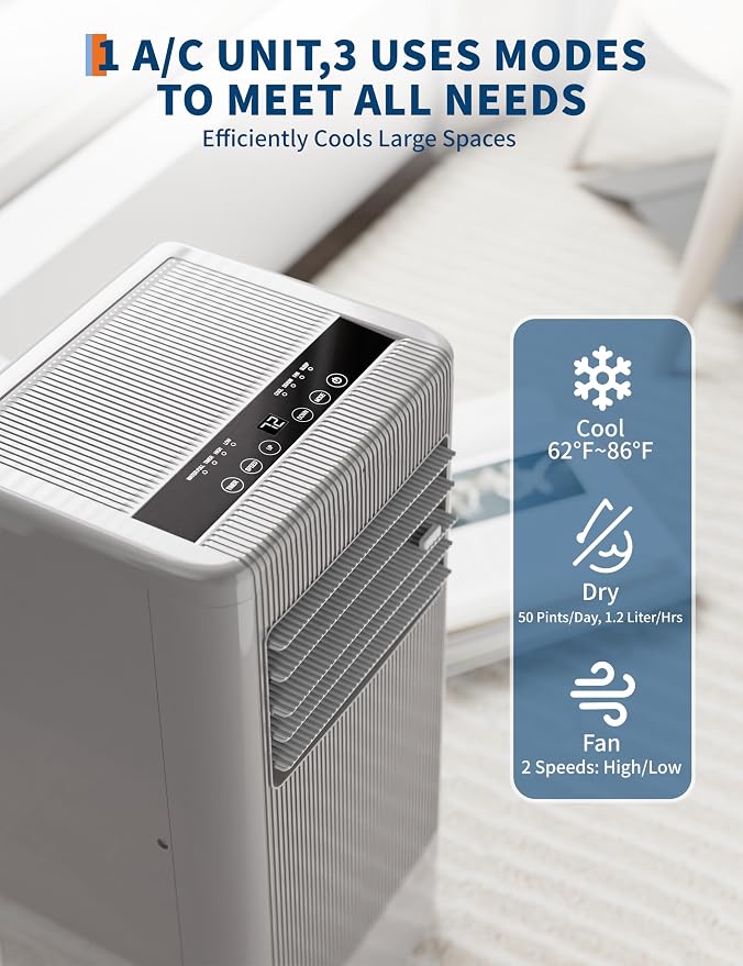 GarveeTech 10000 BTU Portable Air Conditioner, Quiet 3 in-1 Cooling Unit for Rooms Up to 450 Sq.Ft, Includes Dehumidifier & Fan Modes, Remote Control, Sleep Mode – Perfect for Bedrooms & Apartments