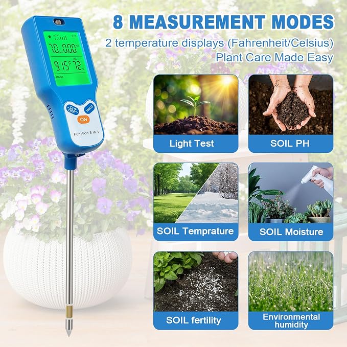 8-in-1 Soil Moisture Meter, Upgraded pH Tester with Backlit LCD, Digital Plant Monitor for Moisture, pH, Fertility, Light, Temp (℃/℉) & Humidity, for Garden, Farm & Indoor