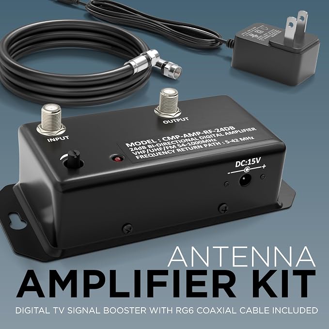 THE CIMPLE CO - TV Antenna Amplifier Kit with Coax - Digital TV Signal Booster with RG6 Coaxial Cable - Adjustable Gain, 24 dB Distribution, NTSC, ATSC, FM, UHF, VHF, 1000 MHz - Indoor Use Only