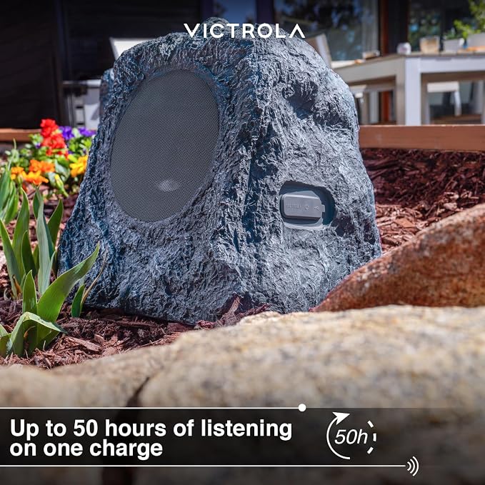 Victrola The Solar Rock Speakers Pair, 14 Hours PlayTime, IPX4 Rechargeable Solar Outdoor Bluetooth Speakers for Garden, Patio, Built for All Seasons, Wireless Music Streaming, Charcoal