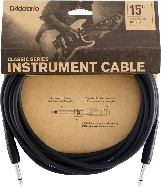 D'Addario Guitar Cable - Guitar Lead - 1/4 Inch Male to 1/4 Inch Male - Shielded for Noise Reduction - 15 Feet/4.57 Meters - Straight Ends - 1 Pack
