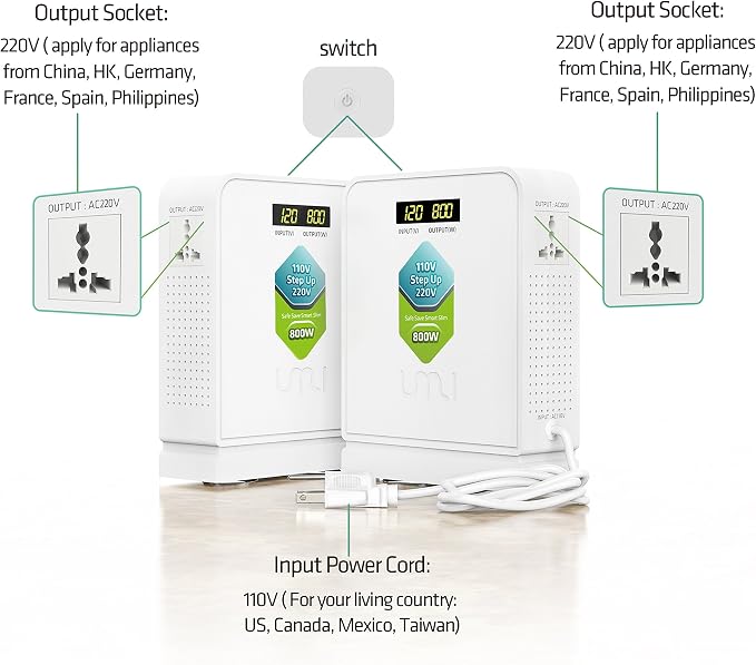 UMI Step Up 110v to 220v Voltage Converter 800W for Europe and Asia 220-240V Appliance Use in US Canada Mexico - Power Transformer
