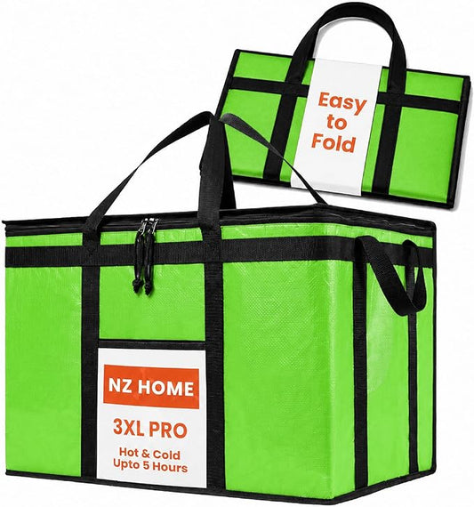 Insulated Bags for Food Delivery (3XL PRO) Grocery Shopping Cooler Bag, Pizza Delivery, Hot & Cold Catering Tote, Reusable, Foldable & Heavy Duty (Green)