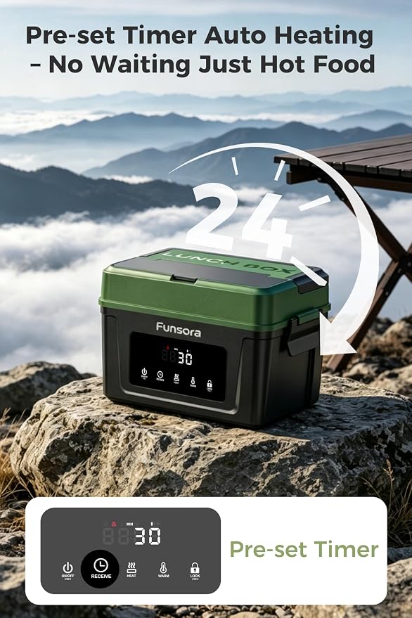 Cordless Heated Lunch Box 6.3Cups Electric Lunch Box 24000mAh Rechargeable Battery Fast 5-Sided Heating Self Heating Food Warmer Smart Timer Lunch Box for Work Travel Truck