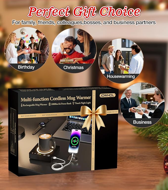 Mug Warmer Cordless 180 Min Battery Life - 10000mAh Portable Charger, Wireless Coffee Cup Warmer for Desk, 3 Temp Settings, Smart Candle Heat Plate for Home, Office, Travel, Camping & Gifts for Men