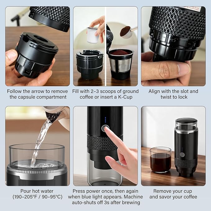 Portable Travel Coffee Maker, 3-in-1 Camping Coffee Machine with USB-C for Travel Car,Cordless Battery Powered,Rechargable,Compatible with Ground Coffee,Capsules,Tea, 6OZ Cup,Black,170ml