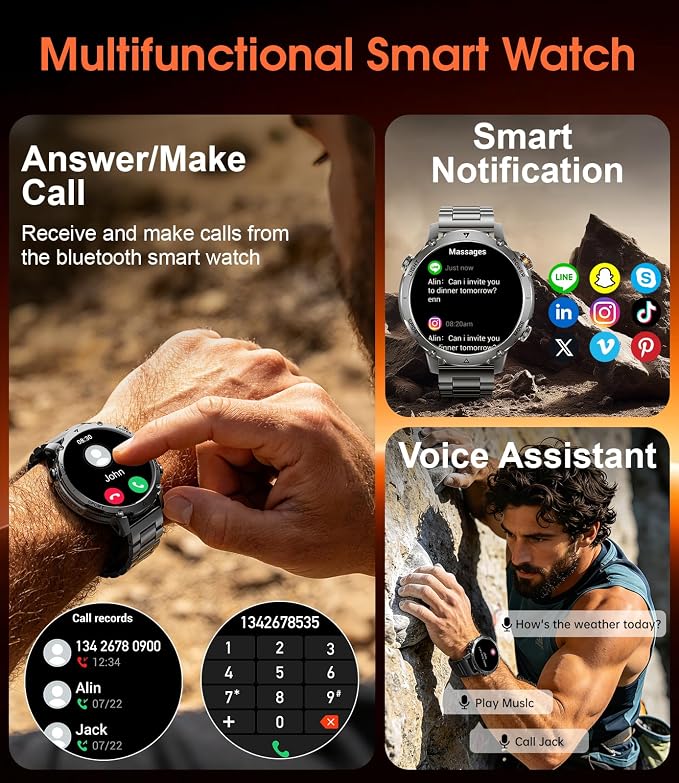 SUNKTA Military Smartwatch for Men with Flashlight,1400mAh Battery Fitness Tracker Smart Watches,1.7" HD Screen 5ATM Waterproof Sport Smart Watch for Android iPhone,Heart Rate/Sleep Monitor(2 Bands)