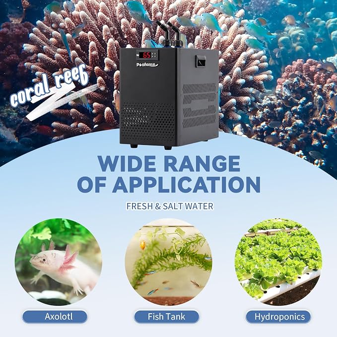 Poafamx Aquarium Chiller 26gal, 1/13 HP Small Water Chiller for Axolotl | Fish Tank Cooler with Quiet Compressor for 20-30 Gallon Saltwater Freshwater Coral Jellyfish Hydroponic 110V