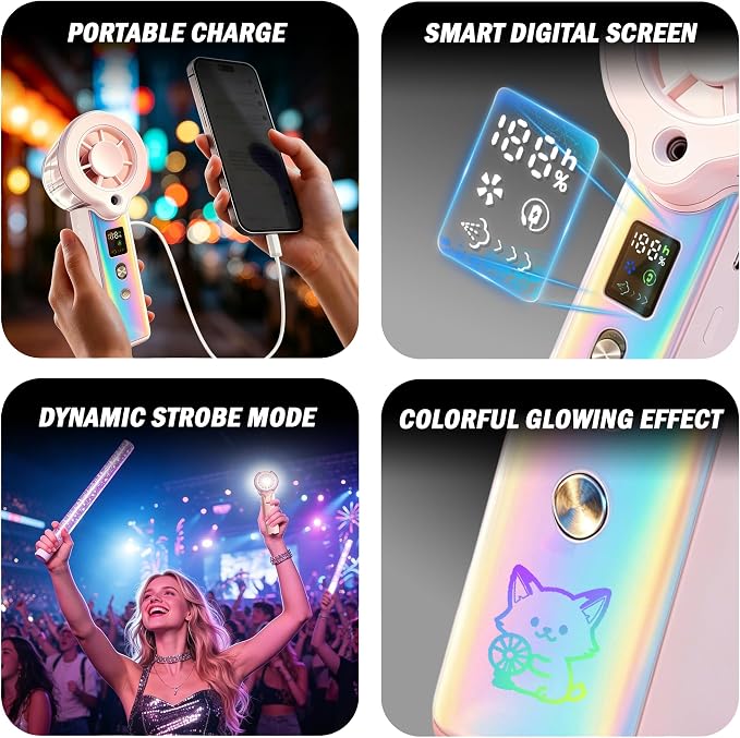 Portable Misting Fan, Handheld Rechargeable Fan with Water Mist, Personal Mini Turbo Fan with 1-100 High Speeds (20000 RPM), LED Light for Music Festival, Summer Trip Must-Haves, Holographic Pink