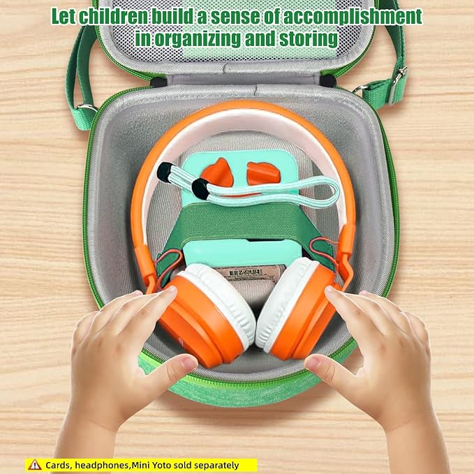 Hard Case Compatible with Yoto Mini (2024 Edition), 3-in-1 Travel Bundle: Silicone Cover + Case with Shoulder Strap (Fits Mini Player & Headphones) + Up to 10 Card Holder for YOTO Cards (Green)