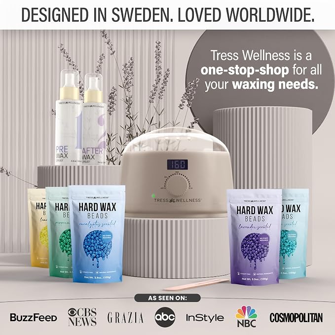 Tress Wellness Award Winning Waxing Kit for Sensitive Skin – Safe for Face & Skin, Easy to Use – At-Home Kit for Face, Bikini, Brazilian & Full Body - Digital Display, Beige