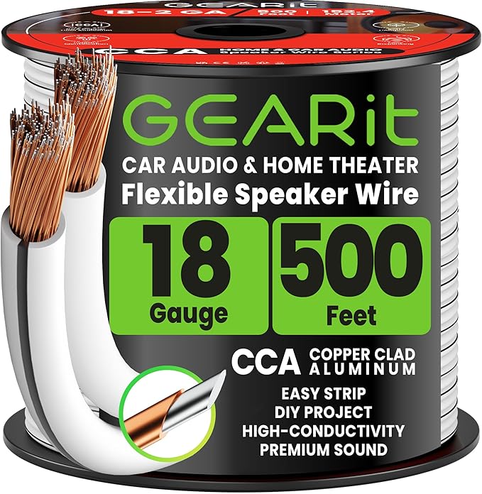 GearIT 18AWG Speaker Wire, Pro Series 18 Gauge Speaker Wire Cable (500 Feet / 152 Meters) Great Use for Home Theater Speakers and Car Speakers, White