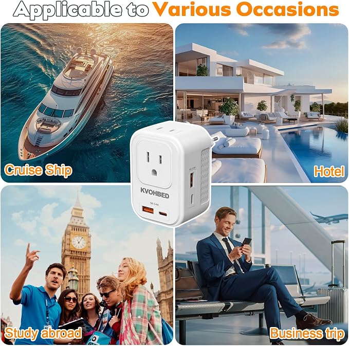 Voltage Converter US to Europe Travel: 220V to 110V Converter for European Country, Adapter with Fast Charging 2 USB A&2 Type C Worldwide Power Converter Adapter Combo for Germ, France, Italy, etc