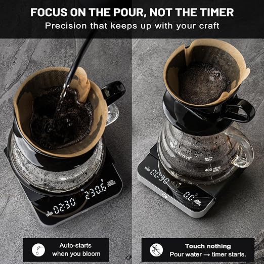 KitchenTour CaféMetric Coffee Scale with Timer 0.1g/2000g - Precision Small Scale for Espresso & Pour Over - Mini Scale with LED Display Recharge Black