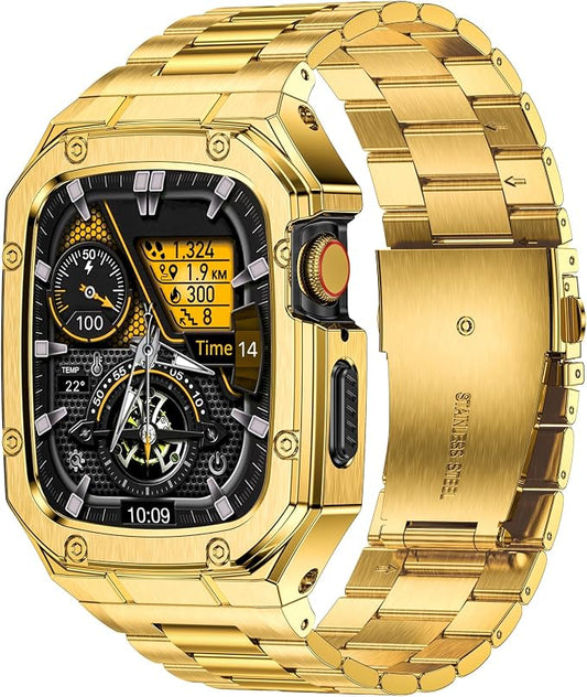BAITEYOU Stainless Steel Watch Band with Case Compatible with Apple Watch Series 11 10 46mm, Rugged Strap with Metal Protective Bumper Cover for iWatch Bands Men (Gold)