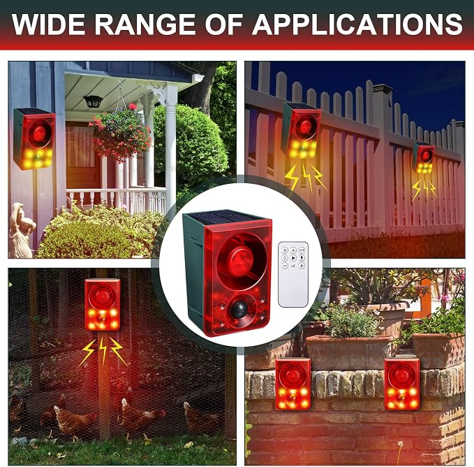 Qualirey Solar Outdoor Motion Sensor Alarm Animal Deterrent Gunshot Sound Dog Barking Alarm 130dB Loud Noise Maker 3 Modes with USB Remote Control Support Recording and Volume Adjustment(4 Pcs,Red)