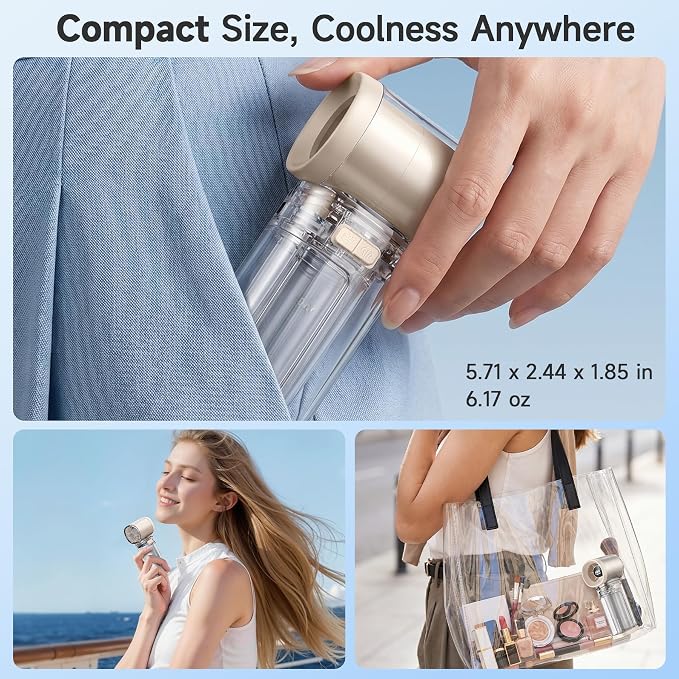 Handheld Misting Fan, Portable Personal Turbo Fan with Nano Mist Spray, 6 Wind Speed, 40ml Water Tank, LED Light, 3000mAh USB Rechargeable for Travel, Outdoors, Camping, Home and Office Use - Beige