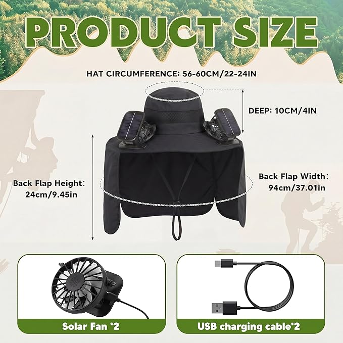 3 Pcs Solar Fan Hat with Arm Sleeves Neck Gaiter Wide Brim Sun Hat Solar Powered USB Charging for Men Women