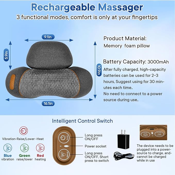 Upgraded Neck Massager Pillow, 3-in-1 Neck Massager, Traction Massage with Heat, Neck Pillow for Shoulder Pain, Deep Tissue Pain Relief, Rechargeable TheraPillow, Gifts for Women/Men