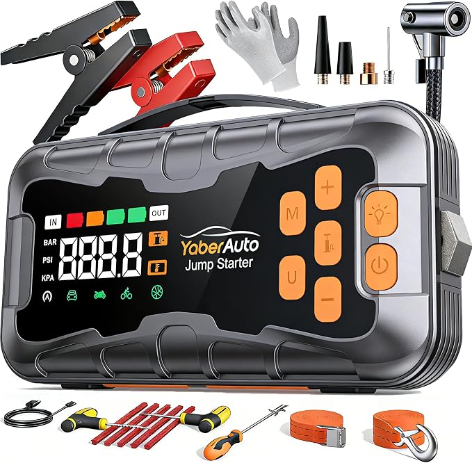 YaberAuto 16-in-1 Jump Starter with Air Compressor 8000A 160PSI Car Battery Jump Starter (All Gas/14L Diesel) 12V Jump Box Car Battery Jumper Starter Portable Jumper Cables, Emergency Tool Kit, Gloves