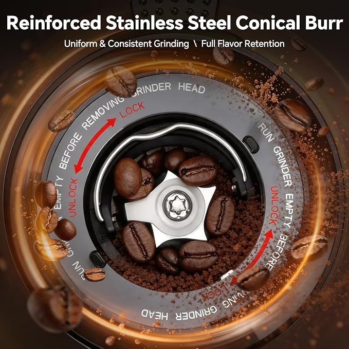 Conical Burr Coffee Grinder, 51 Precise Grind Settings Automatic Coffee Grinder, Smart Dual Control LED Display, 1-12 Cups, with Portafilter Holder, Anti-StaticStainless Steel, Memory Function