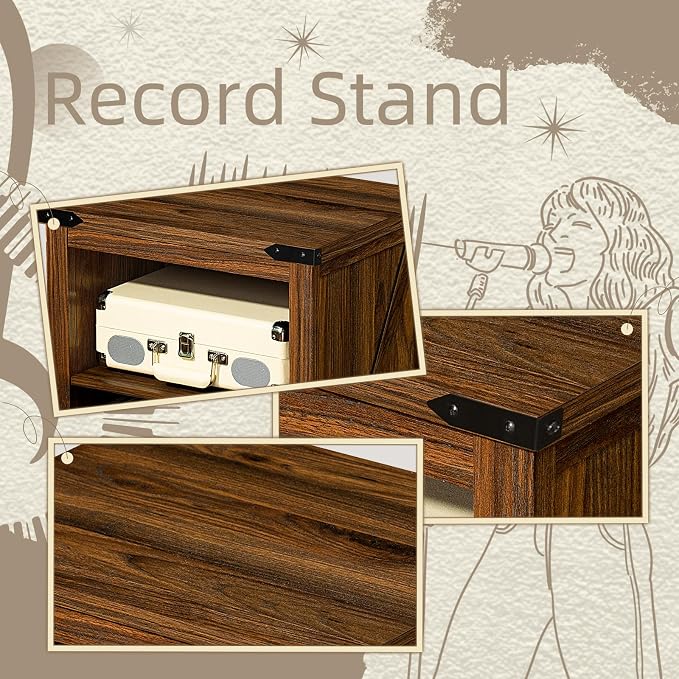 Joaxswe Record Player Stand with Vinyl Record Storage,Rustic Brown Record Player Table Holds up to 160 Albums,Large Wood Turntable Stand Cabinet Dispaly Shelf for Living Room,Bedroom,Office