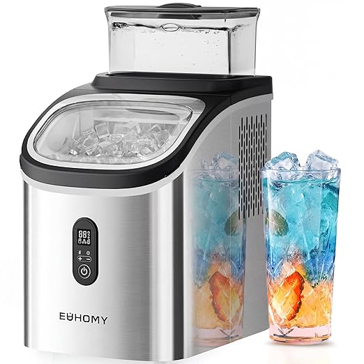 EUHOMY Ice Cube Maker Machine Countertop with External Water Tank, 2 Ways to Add Water, 34Lbs/Day, 16Pcs Ready in 7 Mins, Auto-Cleaning, with Ice Scoop & Basket, for Home/Kitchen/Office/Bar (Silver)