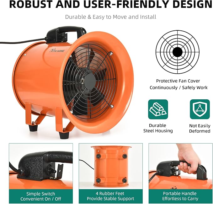YITAHOME Exhaust Fan 12 Inch, Utility Blower Extractor Fan High Velocity, Portable Ventilation Fan with 16FT Ventilator Duct Hose for Industrial, Paint Booth