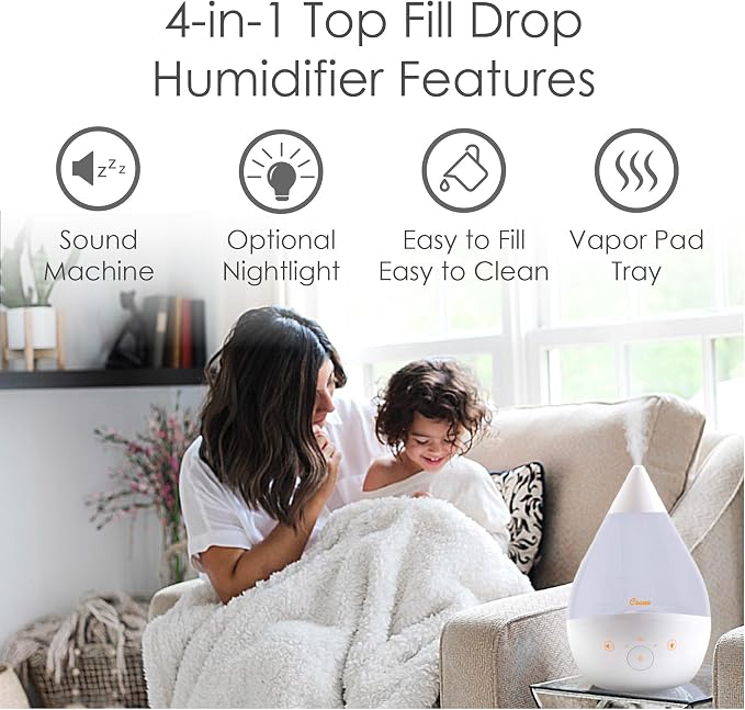 Crane 4-in-1 White Drop Ultrasonic Cool Mist Humidifier with Sound Machine, Night Light, Aroma Tray, 1 Gallon Top Fill White