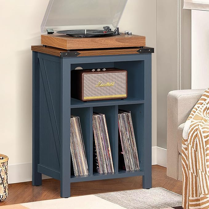 Joaxswe Record Player Stand with Vinyl Record Storage,Navy Blue Record Player Table Holds up to 160 Albums,Large Wood Turntable Stand Cabinet Dispaly Shelf for Living Room,Bedroom,Office