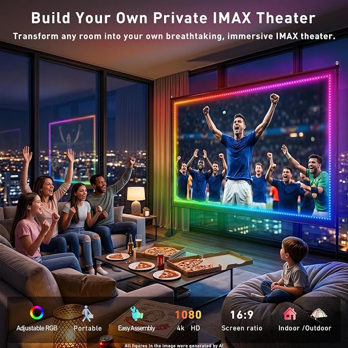 120 inch Outdoor Projection Screen with Stand, Smart RGB+IC String Lights, 4K 16:9 Wrinkle Wind Resistant Movie Screen, Foldable Portable Projector Screen for Backyard Camping Home Theater