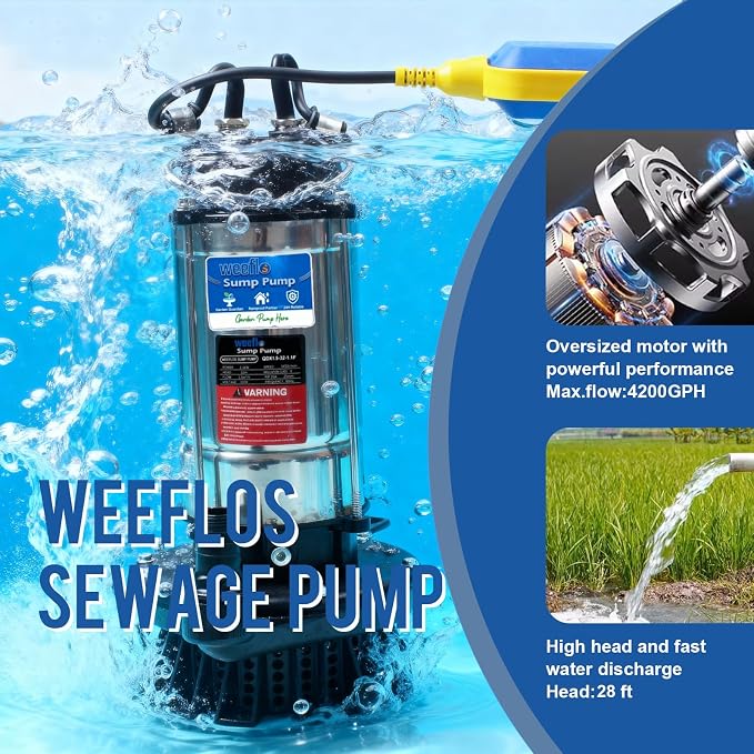 1.0HP Submersible Sump Pump Automatic Water Pump w/High Flow 4200 GPH 28ft Max Head, Irrigation, Swimming Pool, Garden Pond, Basement, Wells, 26ft Power Cord Stainless Steel(1HP/28FT)