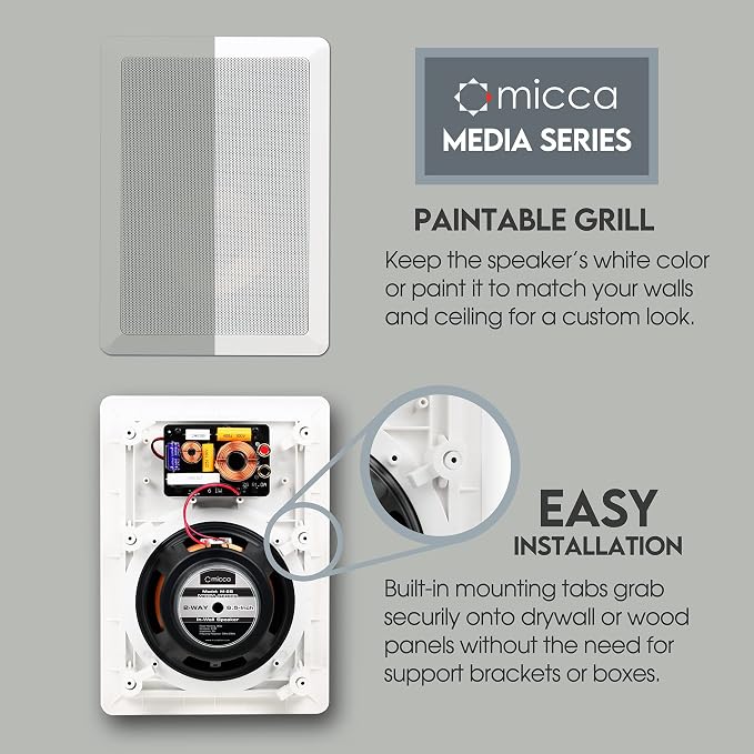Micca M-6S 2-Way in-Wall Speaker, 7.3"(W) by 10.7"(H) Cutout, Home Theater, Whole House Audio, Indoor or Covered Outdoor, 6.5" Woofer, 1" Tweeter, White, Paintable, Each