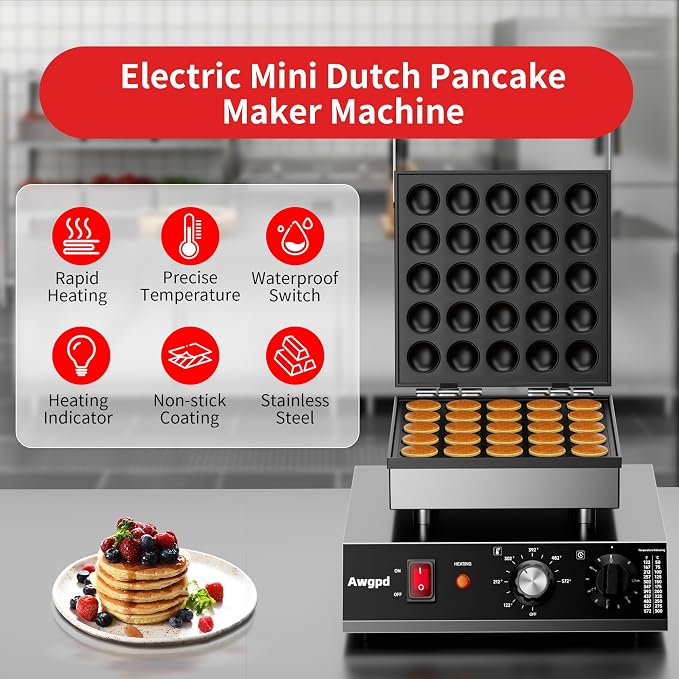 Mini Dutch Pancake Maker,25pcs Mini Pancake Maker Machine,1700W Commercial Electric Poffertjes Grill,Stainless Steel,Temp & Time Control,for Home Kitchen Restaurant,Snack,Desserts