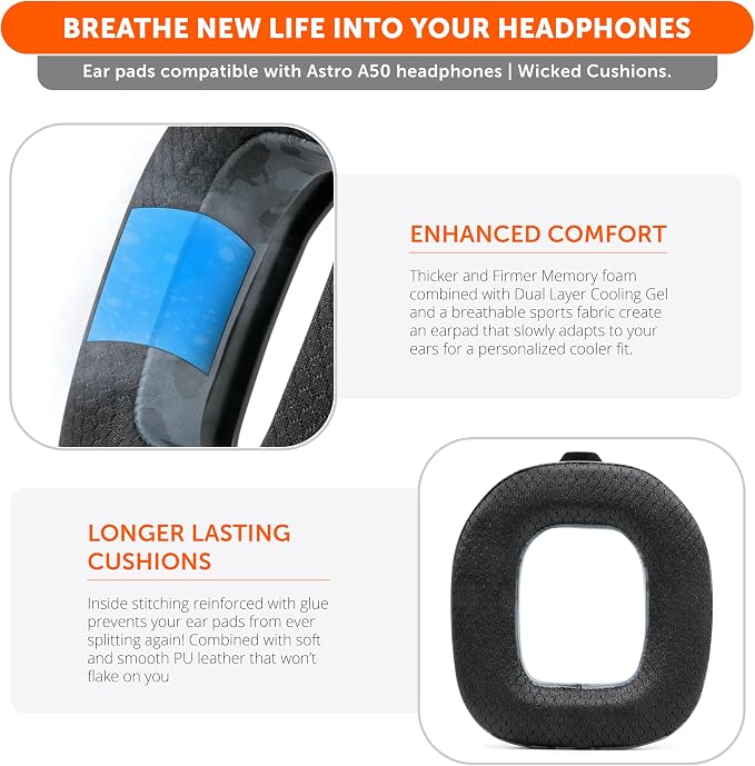 WC Freeze A50 - Cooling Gel Replacement Earpads for Astro A50 Gen 4, Gen 5 and A50X Only, Made by Wicked Cushions, Improved Durability, Thickness and Sound Isolation | Black Camo
