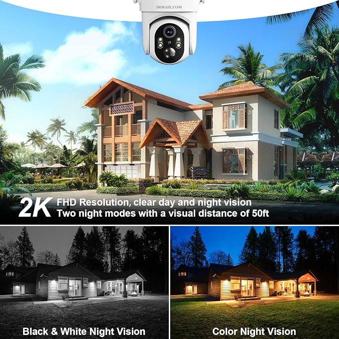 HOSAFE.COM Wireless Security Camera Outdoor, Free Cloud Storage, 360° PTZ Remote Cameras for Home Security Solar Powered, 2K 3MP Surveillance & Security Cameras, IP66 Waterproof