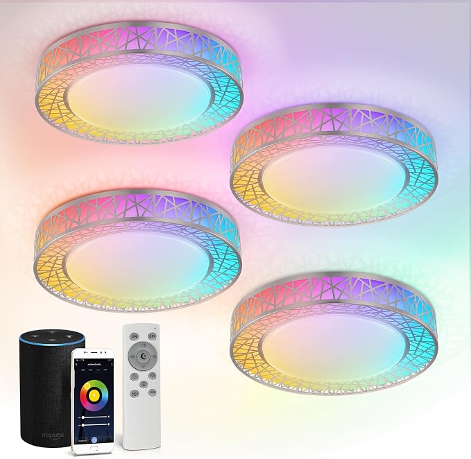 ASD 16 Inch Smart RGBW Flush Mount Ceiling Light with Remote - Brushed Nickel 28W 120V 2700-6500K Dimmable Ceiling Light Fixture, WiFi App Control RGB Lights, Alexa & Google Assistant - ETL, 4 Pack