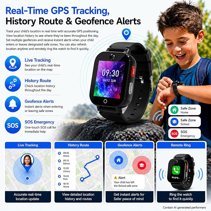 4G Kids Smart Watch with GPS Tracker, Video & Voice Call, SOS, WiFi, IP68 Waterproof, AI Smart Features, Parental Control Phone Watch for Boys Girls Age 4-12(SIM Card Included)