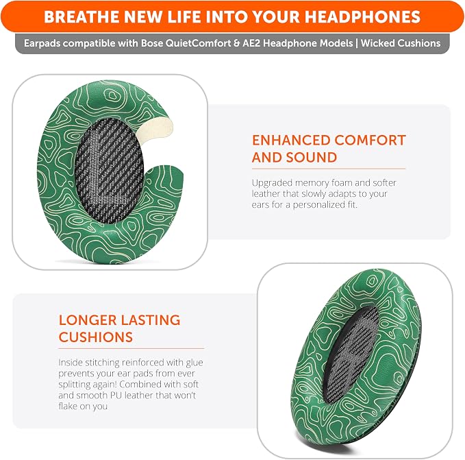 WC Wicked Cushions Upgraded Replacement Ear Pads for Bose QC35 & QC35ii (QuietComfort 35) Headphones & More - Softer Leather, Luxurious Memory Foam, Added Thickness, Extra Durability | Emerald Tide