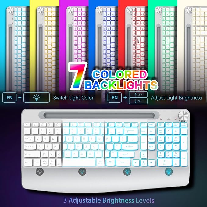 GAMCATZ Wireless Keyboard and Mouse Backlits - Full-Sized Ergonomic Lighted Keyboard with Wrist Rest, Phone Holder,2.4GHz Rechargeable Silent Keyboard Mouse Combo for Computer, Laptop, PC, Mac -White