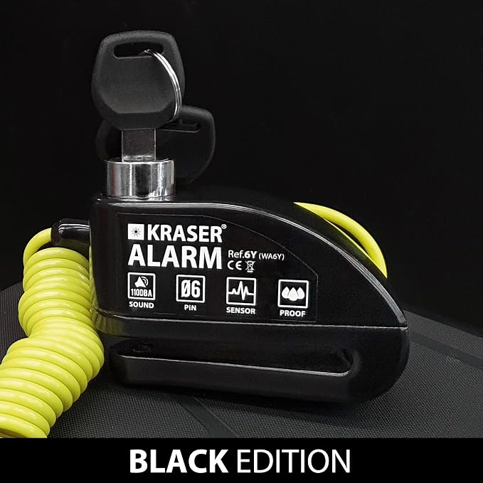 KRASER 6Y Alarm Disc Lock, Reinforced Disc Brake Lock with 3 Keys (Others 2), Heavy Duty Anti-Theft Motorcycle with Alarm,110dB, Weather-Resistant, Reminder Cable, Pouch, Motorbike Moped E-Bike