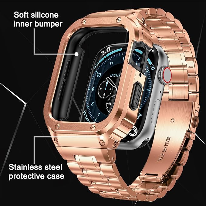 MioHHR Stainless Steel Watch Band with Case Compatible with Apple Watch Series 9/8/7(45mm),Rugged Strap with Metal Protective Bumper Cover for iWatch Band Men(Rose Gold)